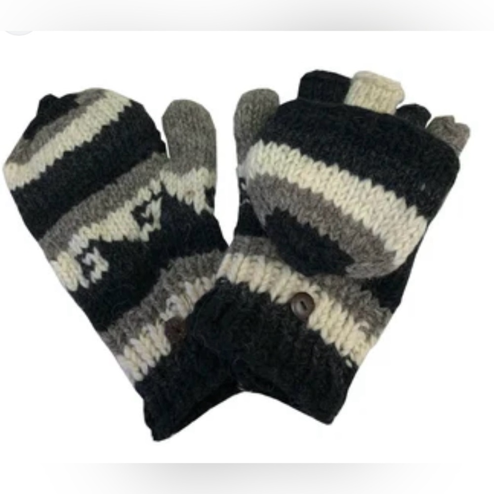 Hand-Knit wool Yin and Yang convertible mittens Nepal